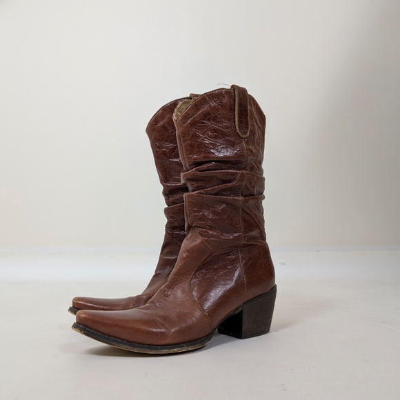 Brown Leather Cowgirl Cowboy Boots Mesh Lining Heeled Slouchy - Picture 8 of 12